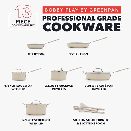 GreenPan x Bobby Flay 13 Piece Nonstick Cookware Pots and Pans Set, PFAS-Free Diamond Ceramic, Induction Suitable, Easy Clean Dishwasher & Oven Safe, Stay-Cool Silicone Handles, Glass Lids, Cream - My Kitchen Products