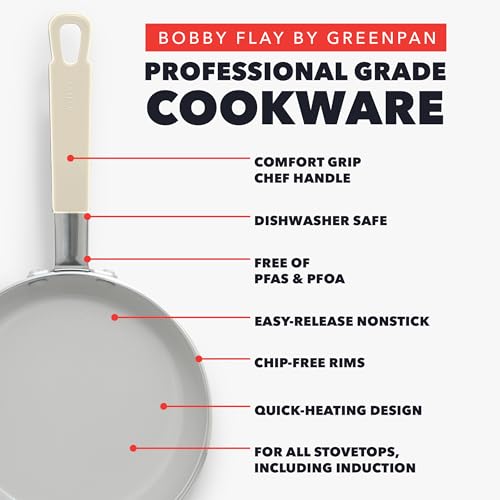 GreenPan x Bobby Flay 13 Piece Nonstick Cookware Pots and Pans Set, PFAS-Free Diamond Ceramic, Induction Suitable, Easy Clean Dishwasher & Oven Safe, Stay-Cool Silicone Handles, Glass Lids, Cream - My Kitchen Products
