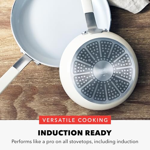GreenPan x Bobby Flay 13 Piece Nonstick Cookware Pots and Pans Set, PFAS-Free Diamond Ceramic, Induction Suitable, Easy Clean Dishwasher & Oven Safe, Stay-Cool Silicone Handles, Glass Lids, Cream - My Kitchen Products