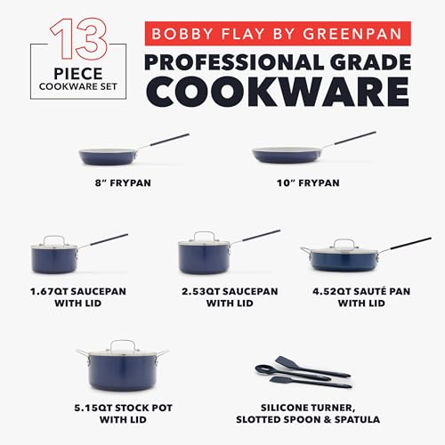 GreenPan x Bobby Flay 13 Piece Nonstick Cookware Pots and Pans Set, PFAS-Free Diamond Ceramic, Induction Suitable, Easy Clean Dishwasher & Oven Safe, Stay-Cool Silicone Handles, Glass Lids, Navy Blue - My Kitchen Products