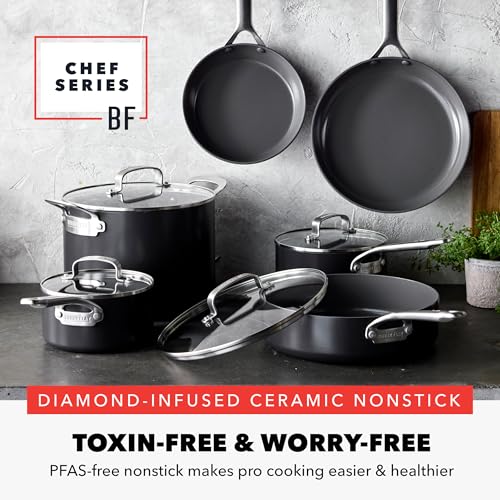 GreenPan x Bobby Flay Hard Anodized Nonstick 10 Piece Cookware Set, PFAS-Free Ceramic Pots & Pans, Induction Suitable, Frypans, Saucepans Saute, Stockpot, Glass Lids, Dishwasher & Oven Safe, Black - My Kitchen Products