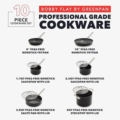 GreenPan x Bobby Flay Hard Anodized Nonstick 10 Piece Cookware Set, PFAS-Free Ceramic Pots & Pans, Induction Suitable, Frypans, Saucepans Saute, Stockpot, Glass Lids, Dishwasher & Oven Safe, Black - My Kitchen Products