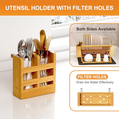 Greenual Bamboo Dish Drying Rack with Utensil Holder, 3 Tier Collapsible Dish Rack, Wooden Dish Racks for Kitchen Counter, Large Folding Drying Holder with Absorbent Dish Drying Mat - My Kitchen Products