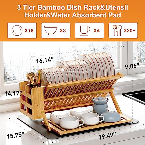 Greenual Bamboo Dish Drying Rack with Utensil Holder, 3 Tier Collapsible Dish Rack, Wooden Dish Racks for Kitchen Counter, Large Folding Drying Holder with Absorbent Dish Drying Mat - My Kitchen Products