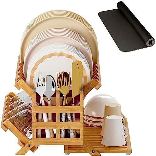 Greenual Bamboo Dish Drying Rack with Utensil Holder, 3 Tier Collapsible Dish Rack, Wooden Dish Racks for Kitchen Counter, Large Folding Drying Holder with Absorbent Dish Drying Mat - My Kitchen Products