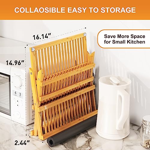 Greenual Bamboo Dish Drying Rack with Utensil Holder, 3 Tier Collapsible Dish Rack, Wooden Dish Racks for Kitchen Counter, Large Folding Drying Holder with Absorbent Dish Drying Mat - My Kitchen Products