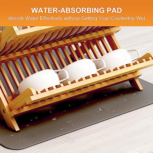 Greenual Bamboo Dish Drying Rack with Utensil Holder, 3 Tier Collapsible Dish Rack, Wooden Dish Racks for Kitchen Counter, Large Folding Drying Holder with Absorbent Dish Drying Mat - My Kitchen Products