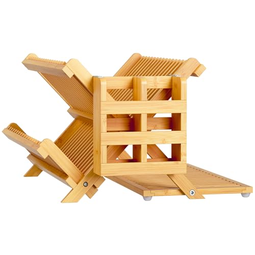 Greenual Bamboo Dish Drying Rack with Utensil Holder, 3 Tier Collapsible Dish Rack, Wooden Dish Racks for Kitchen Counter, Large Folding Drying Holder with Absorbent Dish Drying Mat - My Kitchen Products