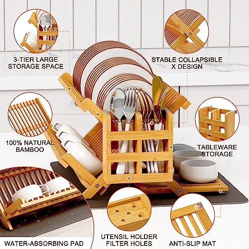 Greenual Bamboo Dish Drying Rack with Utensil Holder, 3 Tier Collapsible Dish Rack, Wooden Dish Racks for Kitchen Counter, Large Folding Drying Holder with Absorbent Dish Drying Mat - My Kitchen Products