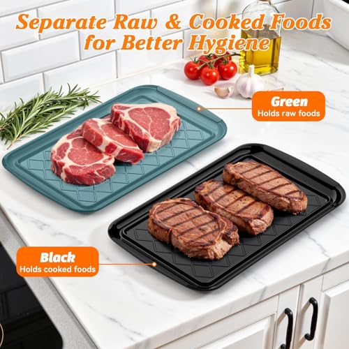 Grilling Prep & Serve Trays for Party- Set of 2, Large Serving Platters for Raw and Cooked Food, Dishwasher Safe, 17"×10.5" Stackable Plastic Party Supplies for Grilling, BBQ, Meal Prep - Green, Black - My Kitchen Products