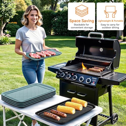 Grilling Prep & Serve Trays for Party- Set of 2, Large Serving Platters for Raw and Cooked Food, Dishwasher Safe, 17"×10.5" Stackable Plastic Party Supplies for Grilling, BBQ, Meal Prep - Green, Black - My Kitchen Products