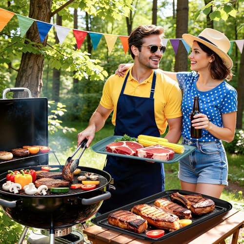 Grilling Prep & Serve Trays for Party- Set of 2, Large Serving Platters for Raw and Cooked Food, Dishwasher Safe, 17"×10.5" Stackable Plastic Party Supplies for Grilling, BBQ, Meal Prep - Green, Black - My Kitchen Products