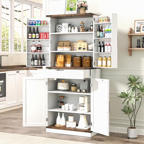 GRUSIGN 72" Kitchen Pantry Storage Cabinet with Doors and Shelves, Wood Farmhouse Pantry Storage with Barn Doors for Kitchen, Dining Room, Living Room - My Kitchen Products