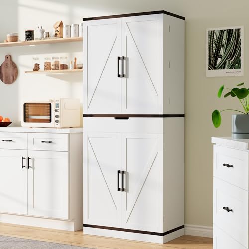 GRUSIGN 72" Kitchen Pantry Storage Cabinet with Doors and Shelves, Wood Farmhouse Pantry Storage with Barn Doors for Kitchen, Dining Room, Living Room - My Kitchen Products