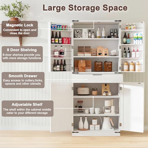 GRUSIGN 72" Kitchen Pantry Storage Cabinet with Doors and Shelves, Wood Farmhouse Pantry Storage with Barn Doors for Kitchen, Dining Room, Living Room - My Kitchen Products