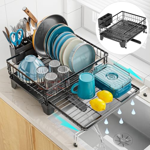 GSlife Expandable Dish Drying Rack for Kitchen Counter, Large Capacity 2-in-1 Rust Resistant Dish Drainer with Swivel Spout and Pull Out Over Sink Extension, 16.7" W x 12.6"-22.4" L, Black - My Kitchen Products