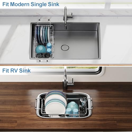 GSlife Small Over the Sink Dish Drying Rack - 9" W Expandable Stainless Steel Compact Dish Drainer for RV, Apartment, Camper, Kitchen, Dish Strainer with Lock Knob, Silver - My Kitchen Products