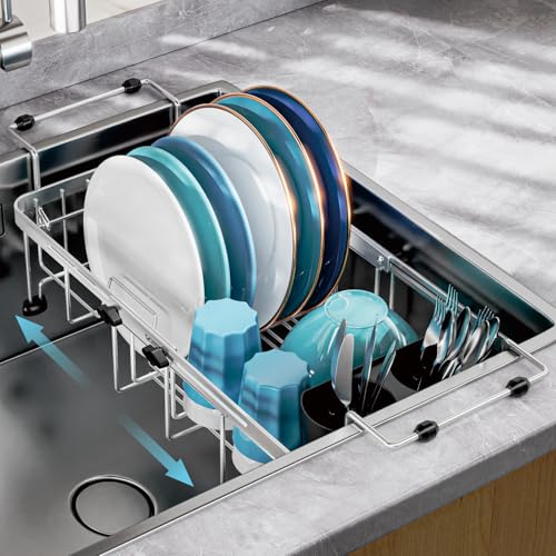 GSlife Small Over the Sink Dish Drying Rack - 9" W Expandable Stainless Steel Compact Dish Drainer for RV, Apartment, Camper, Kitchen, Dish Strainer with Lock Knob, Silver - My Kitchen Products