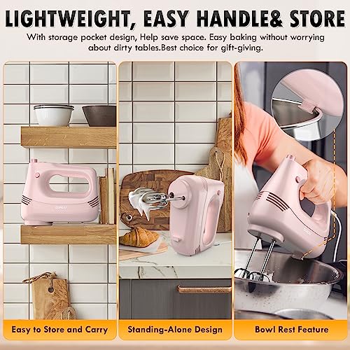GUALIU Electric Hand Mixer with Stainless Steel Whisk, Dough Hook Attachment and Storage Bag, Handheld Mixer for Baking Cakes, Eggs, Cream Food Mixers. Turbo Boost /5 Speed Kitchen Blender PINK - My Kitchen Products