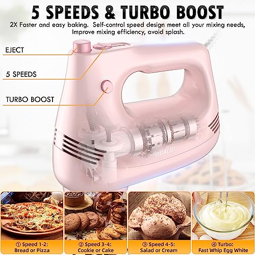 GUALIU Electric Hand Mixer with Stainless Steel Whisk, Dough Hook Attachment and Storage Bag, Handheld Mixer for Baking Cakes, Eggs, Cream Food Mixers. Turbo Boost /5 Speed Kitchen Blender PINK - My Kitchen Products