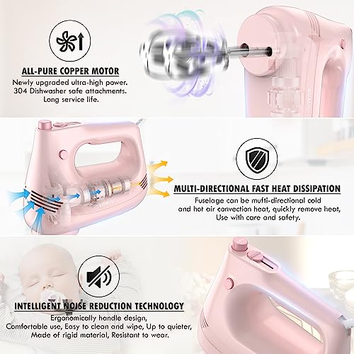 GUALIU Electric Hand Mixer with Stainless Steel Whisk, Dough Hook Attachment and Storage Bag, Handheld Mixer for Baking Cakes, Eggs, Cream Food Mixers. Turbo Boost /5 Speed Kitchen Blender PINK - My Kitchen Products