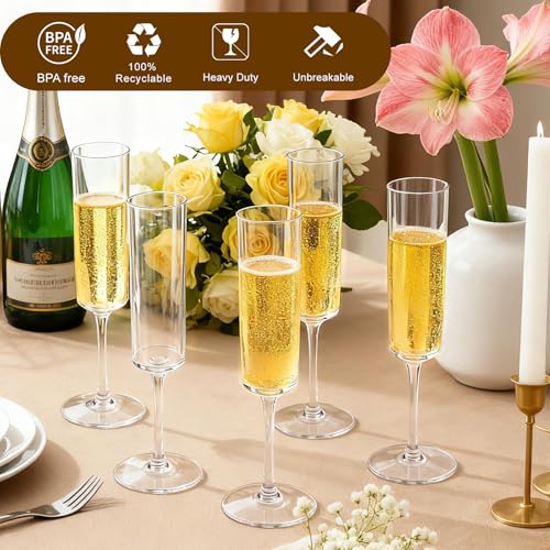 GuanQiao 24-Pack Plastic Champagne Flutes, 6oz Clear Square Disposable Toast Glasses, Heavy Duty Shatterproof Recyclable Wine Glasses for Party Wine Tasting Wedding New Years Eve Party Supplies - My Kitchen Products
