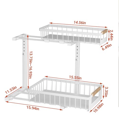 GUUKAR 2 Pack Under Sink Organizer, 2 Tier Pull Out Cabinet Organizer with 5-Level Adjustable Height, Sliding Metal Storage Rack for Kitchen Bathroom Pantry, White - My Kitchen Products