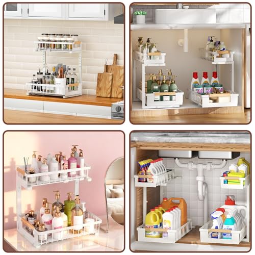 GUUKAR 2 Pack Under Sink Organizer, 2 Tier Pull Out Cabinet Organizer with 5-Level Adjustable Height, Sliding Metal Storage Rack for Kitchen Bathroom Pantry, White - My Kitchen Products
