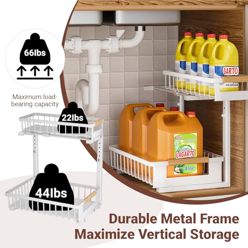 GUUKAR 2 Pack Under Sink Organizer, 2 Tier Pull Out Cabinet Organizer with 5-Level Adjustable Height, Sliding Metal Storage Rack for Kitchen Bathroom Pantry, White - My Kitchen Products