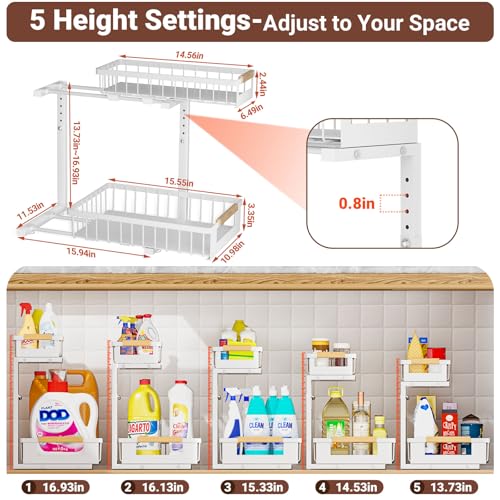 GUUKAR 2 Pack Under Sink Organizer, 2 Tier Pull Out Cabinet Organizer with 5-Level Adjustable Height, Sliding Metal Storage Rack for Kitchen Bathroom Pantry, White - My Kitchen Products