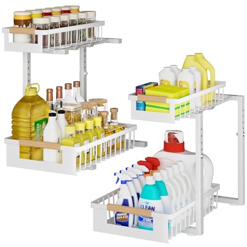 GUUKAR 2 Pack Under Sink Organizer, 2 Tier Pull Out Cabinet Organizer with 5-Level Adjustable Height, Sliding Metal Storage Rack for Kitchen Bathroom Pantry, White - My Kitchen Products