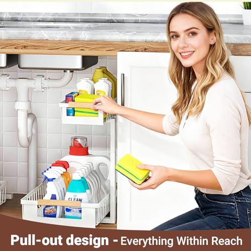 GUUKAR 2 Pack Under Sink Organizer, 2 Tier Pull Out Cabinet Organizer with 5-Level Adjustable Height, Sliding Metal Storage Rack for Kitchen Bathroom Pantry, White - My Kitchen Products