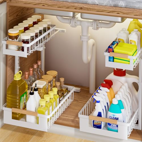 GUUKAR 2 Pack Under Sink Organizer, 2 Tier Pull Out Cabinet Organizer with 5-Level Adjustable