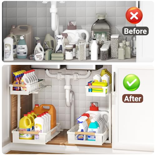 GUUKAR 2 Pack Under Sink Organizer, 2 Tier Pull Out Cabinet Organizer with 5-Level Adjustable Height, Sliding Metal Storage Rack for Kitchen Bathroom Pantry, White - My Kitchen Products