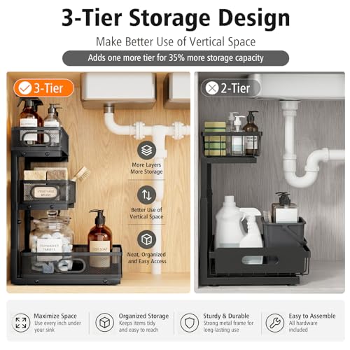 GUUKAR Under Sink Organizer, 3 Tier Pull Out Cabinet Organizer with 5 Adjustable Heights, Metal Under Sink Storage with Sliding Drawers for Kitchen, Bathroom, Pantry and Laundry Room, 2-Pack Black - My Kitchen Products