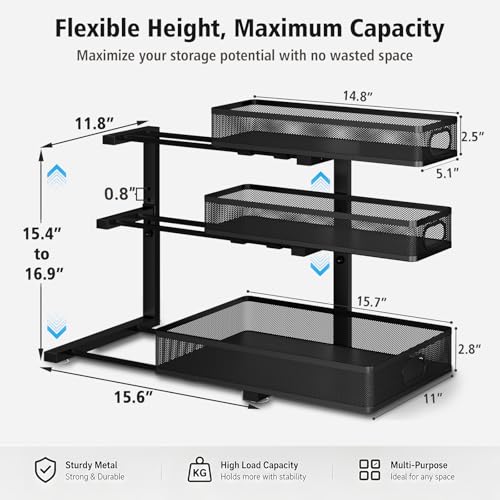 GUUKAR Under Sink Organizer, 3 Tier Pull Out Cabinet Organizer with 5 Adjustable Heights, Metal Under Sink Storage with Sliding Drawers for Kitchen, Bathroom, Pantry and Laundry Room, 2-Pack Black - My Kitchen Products