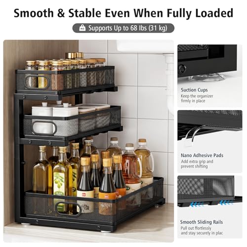GUUKAR Under Sink Organizer, 3 Tier Pull Out Cabinet Organizer with 5 Adjustable Heights, Metal Under Sink Storage with Sliding Drawers for Kitchen, Bathroom, Pantry and Laundry Room, 2-Pack Black - My Kitchen Products