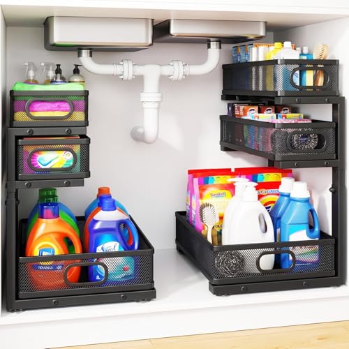 GUUKAR Under Sink Organizer, 3 Tier Pull Out Cabinet Organizer with 5 Adjustable