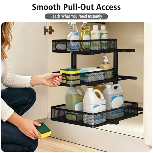 GUUKAR Under Sink Organizer, 3 Tier Pull Out Cabinet Organizer with 5 Adjustable Heights, Metal Under Sink Storage with Sliding Drawers for Kitchen, Bathroom, Pantry and Laundry Room, 2-Pack Black - My Kitchen Products