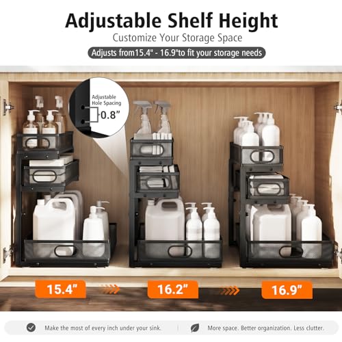 GUUKAR Under Sink Organizer, 3 Tier Pull Out Cabinet Organizer with 5 Adjustable Heights, Metal Under Sink Storage with Sliding Drawers for Kitchen, Bathroom, Pantry and Laundry Room, 2-Pack Black - My Kitchen Products