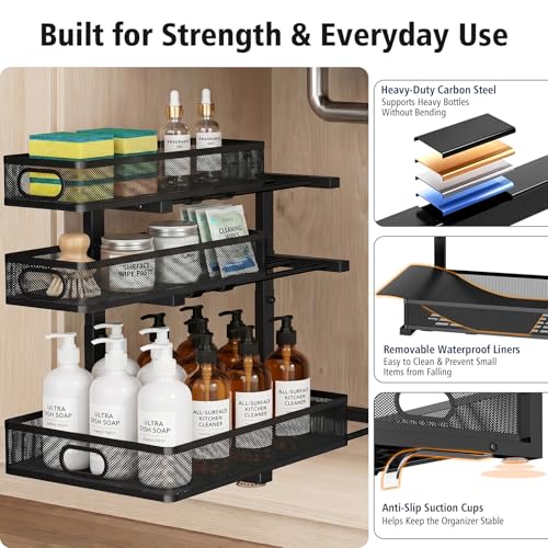 GUUKAR Under Sink Organizer, 3 Tier Pull Out Cabinet Organizer with 5 Adjustable Heights, Metal Under Sink Storage with Sliding Drawers for Kitchen, Bathroom, Pantry and Laundry Room, 2-Pack Black - My Kitchen Products