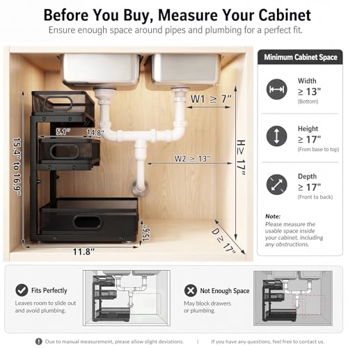 GUUKAR Under Sink Organizer, 3 Tier Pull Out Cabinet Organizer with 5 Adjustable Heights, Metal Under Sink Storage with Sliding Drawers for Kitchen, Bathroom, Pantry and Laundry Room, 2-Pack Black - My Kitchen Products