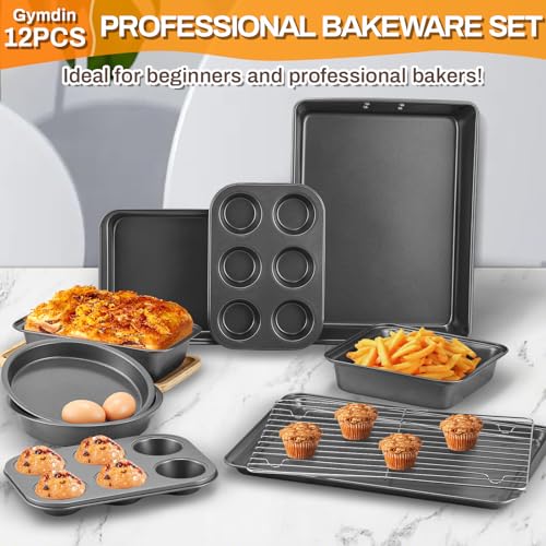 Gymdin 12PCS Nonstick Bakeware Set, Non-Toxic Carbon Steel Baking Pans Set with Wider Grip, Includes Roasting Pan, Cookie Sheet, Cake Pans, Muffin Pans, Cooling Rack, Oven Mitts, Easy Release - My Kitchen Products