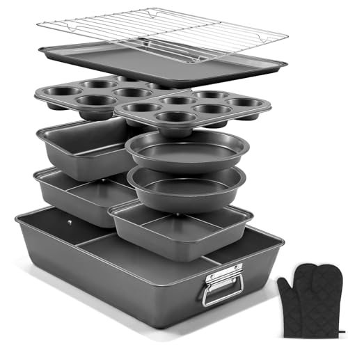 Gymdin 12PCS Nonstick Bakeware Set, Non-Toxic Carbon Steel Baking Pans Set with Wider Grip, Includes Roasting Pan, Cookie Sheet, Cake Pans, Muffin Pans, Cooling Rack, Oven Mitts, Easy Release - My Kitchen Products