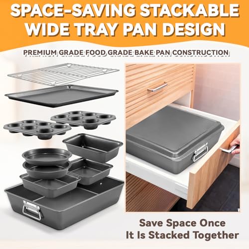 Gymdin 12PCS Nonstick Bakeware Set, Non-Toxic Carbon Steel Baking Pans Set with Wider Grip, Includes Roasting Pan, Cookie Sheet, Cake Pans, Muffin Pans, Cooling Rack, Oven Mitts, Easy Release - My Kitchen Products