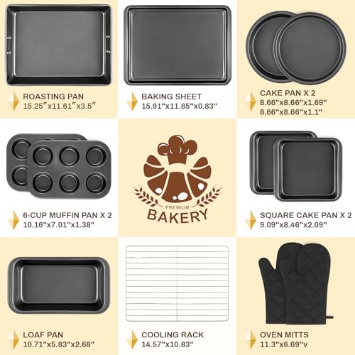 Gymdin 12PCS Nonstick Bakeware Set, Non-Toxic Carbon Steel Baking Pans Set with Wider Grip, Includes Roasting Pan, Cookie Sheet, Cake Pans, Muffin Pans, Cooling Rack, Oven Mitts, Easy Release - My Kitchen Products