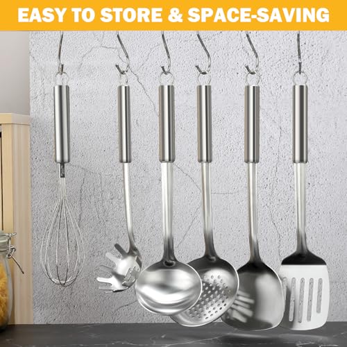 Gymdin 6-Piece Kitchen Cooking Utensils Set, Stainless Steel Kitchen Utensils with Suspendable Handle, Spatula, Slotted Turner, Soup Ladle, Slotted Spoon, Whisk, Pasta Server, Dishwasher Safe - My Kitchen Products