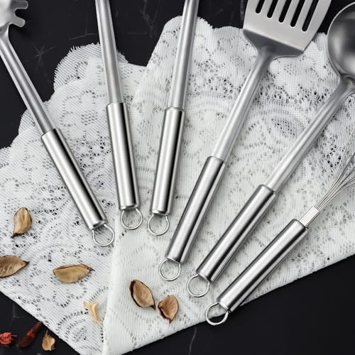 Gymdin 6-Piece Kitchen Cooking Utensils Set, Stainless Steel Kitchen Utensils with Suspendable Handle, Spatula, Slotted Turner, Soup Ladle, Slotted Spoon, Whisk, Pasta Server, Dishwasher Safe - My Kitchen Products