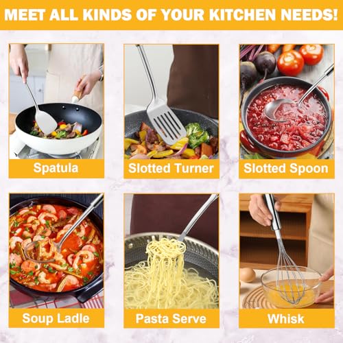 Gymdin 6-Piece Kitchen Cooking Utensils Set, Stainless Steel Kitchen Utensils with Suspendable Handle, Spatula, Slotted Turner, Soup Ladle, Slotted Spoon, Whisk, Pasta Server, Dishwasher Safe - My Kitchen Products