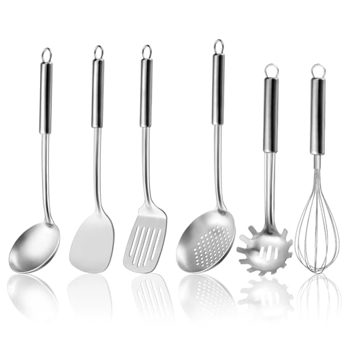 Gymdin 6-Piece Kitchen Cooking Utensils Set, Stainless Steel Kitchen Utensils with Suspendable Handle, Spatula, Slotted Turner, Soup Ladle, Slotted Spoon, Whisk, Pasta Server, Dishwasher Safe - My Kitchen Products